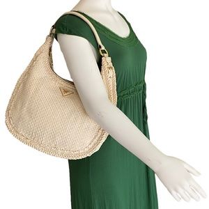 Prada Madras Woven Hobo Handbag, Cream